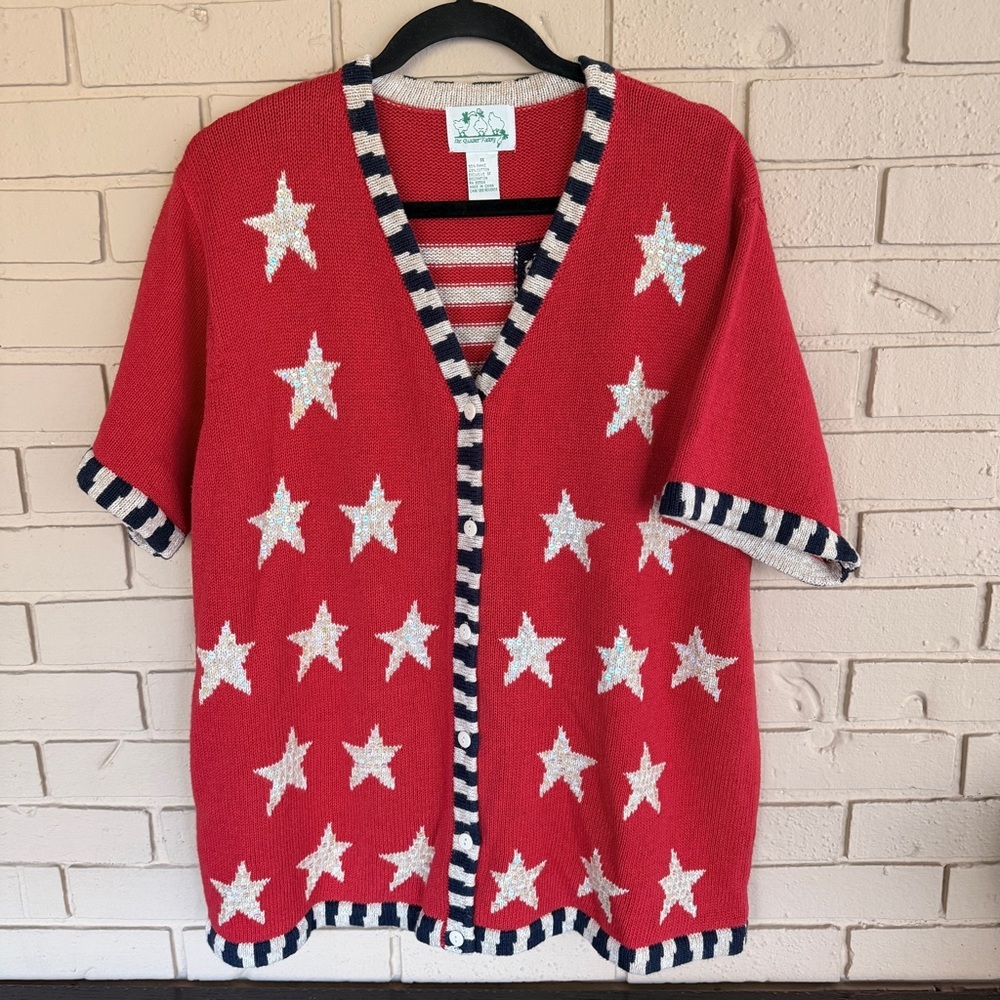 Quacker Factory Womens Cardigan Sweater Red Patriotic Sequin Stars July 4th 1X